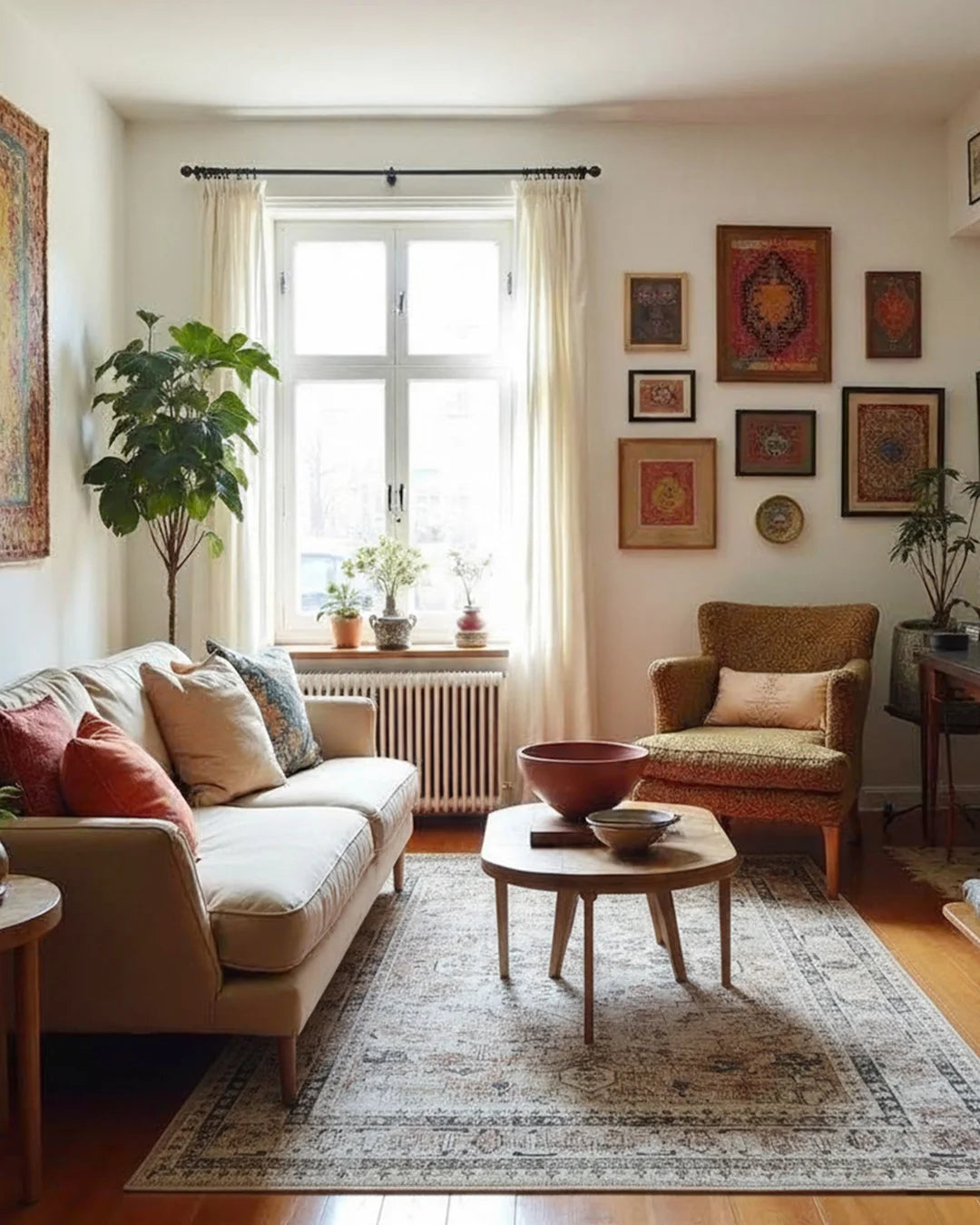 Living room with beige sofa, armchair, coffee table, and decorative elements.