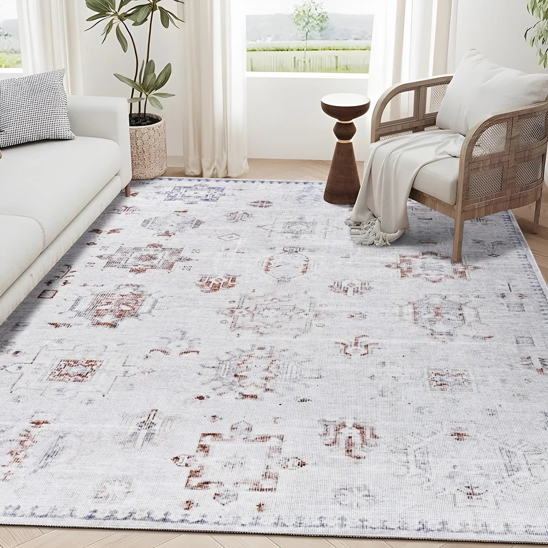 Living room with a patterned rug, sofa, armchair, and decorative plants.