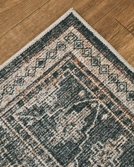 Close-up of a patterned rug on a wooden floor