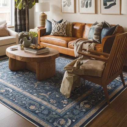 Cozy living room with brown leather sofa, wooden coffee table, and decorative rug.