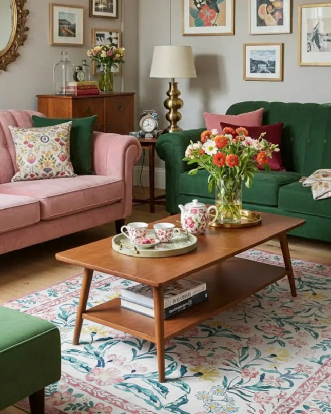 Living room with pink and green sofas, a wooden coffee table, and decorative items.