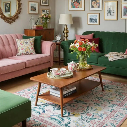 Living room with pink and green sofas, a wooden coffee table, and decorative items.