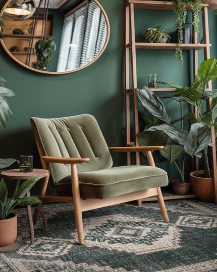 Green armchair in a room with plants and a mirror on a green wall.
