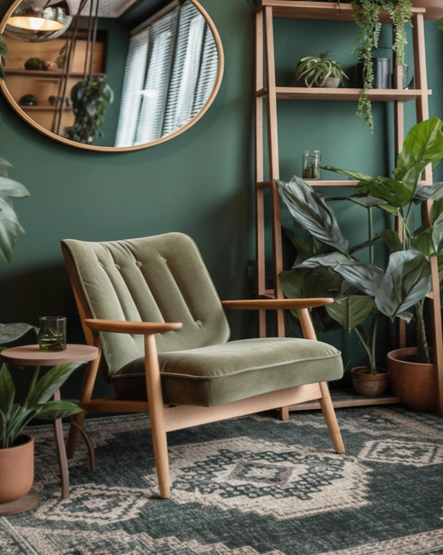 Green armchair in a room with plants and a mirror on a green wall.
