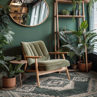 Green armchair in a room with plants and a mirror on a green wall.