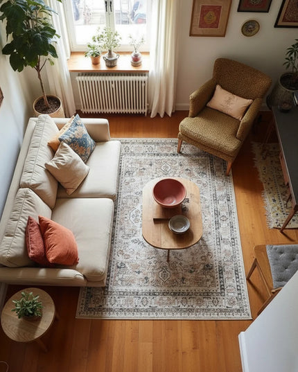 Living room with a beige sofa, armchair, and coffee table on a patterned rug.
