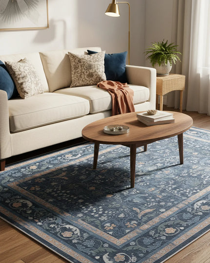 Living room with a blue patterned rug, beige sofa, wooden coffee table, and decorative elements.