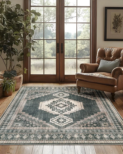 Living room with a patterned rug, brown leather armchair, and large windows.
