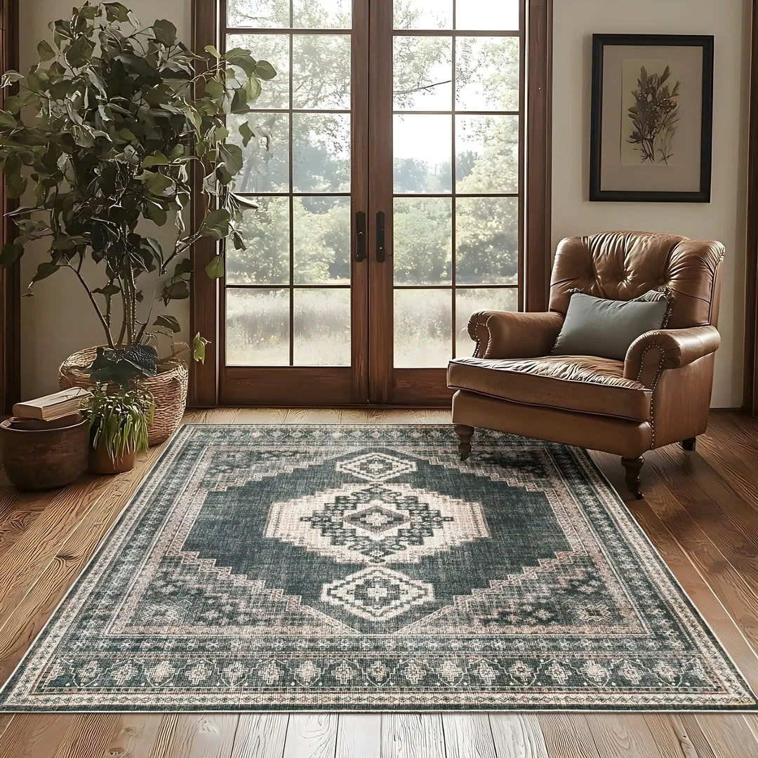 Living room with a patterned rug, brown leather armchair, and large windows.