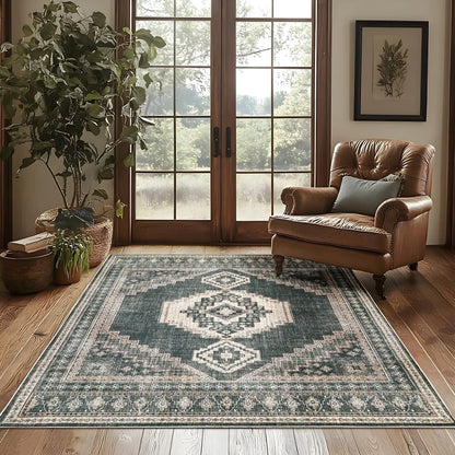 Living room with a patterned rug, brown leather armchair, and large windows.