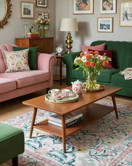 Living room with pink and green sofas, a wooden coffee table, and decorative items.